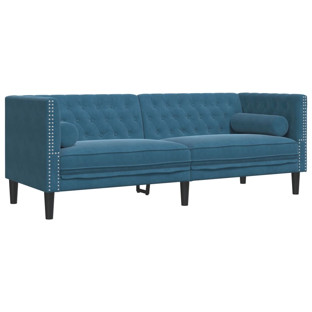 3-personers chesterfield-sofa med bolsterpuder fløjl - blå, 3-sædet - number 2.