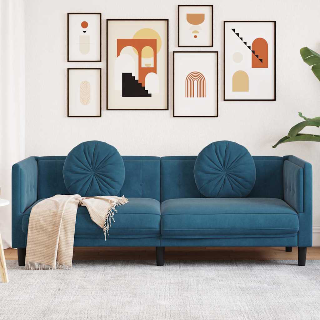 3-personers sofa med puter velour-blue, 3-set - number 1.