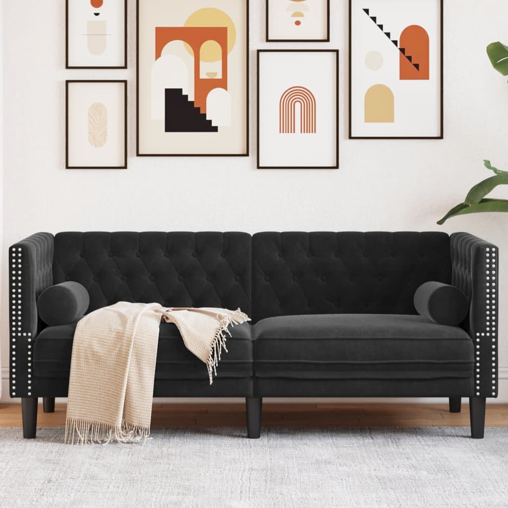 2-personers chesterfield-sofa med bolsterpuder fløjl - sort, 2-sædet - number 1.