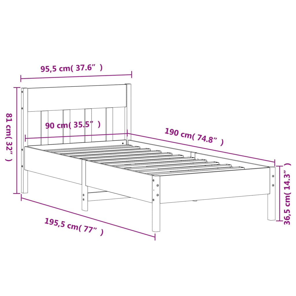 Bed frame without mattress solid pine wood - natural color, 90 x 190 cm - number 9.