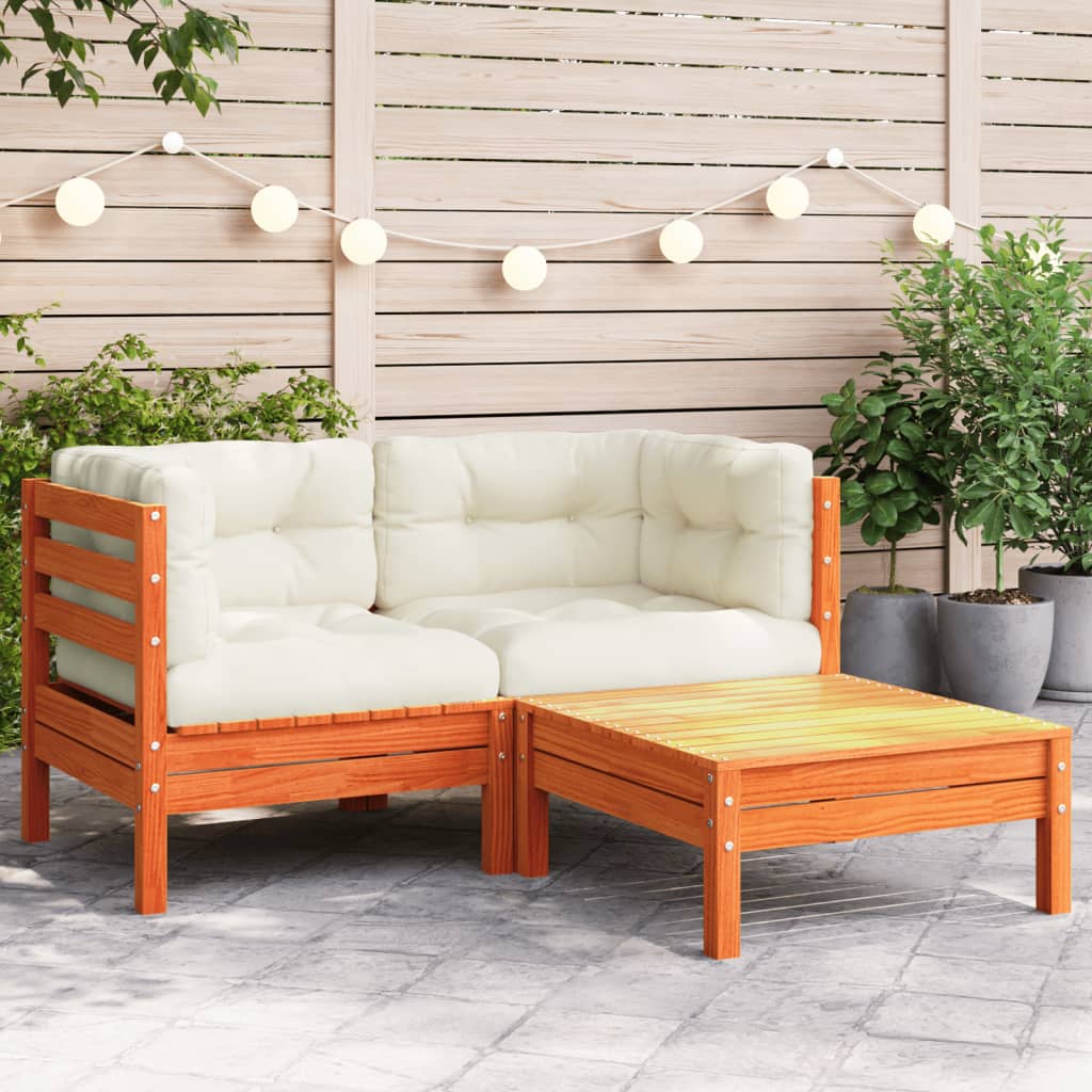 2-personers havesofa med hynder og fodskammel - brunt fyrretræ, 1, 2x corner + footrest - number 1.