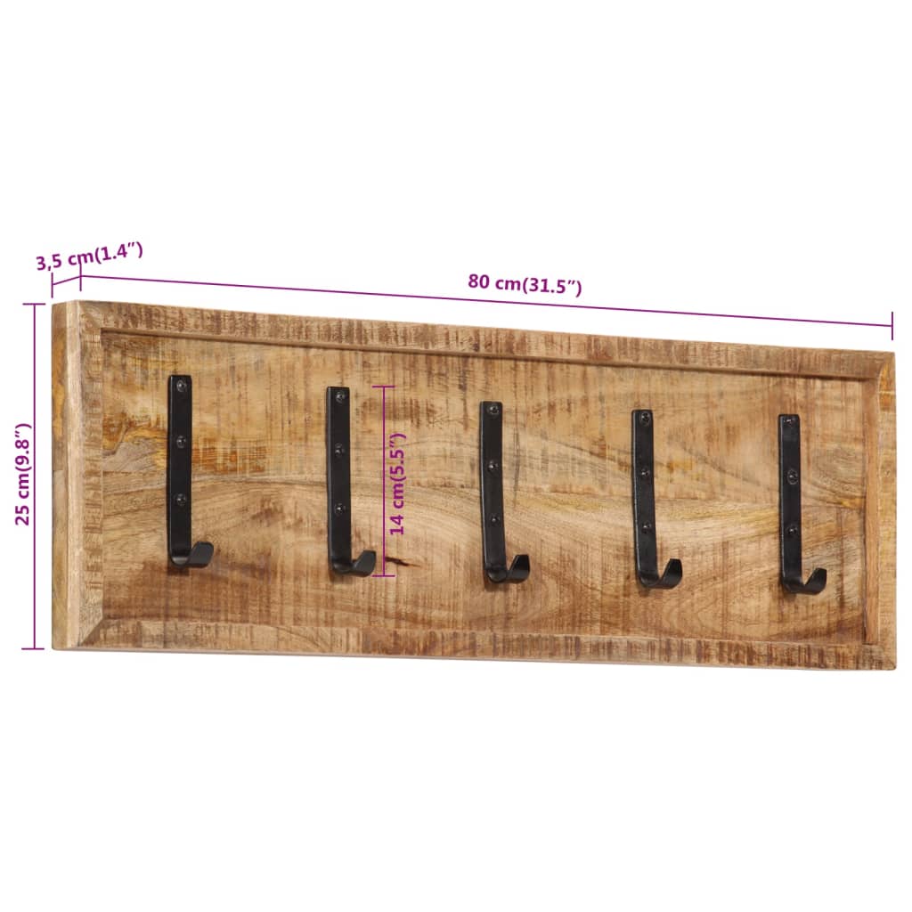 Wall-mounted coat rack 5 hooks solid mango wood - 80 x 25 x 5 5 cm (lxwxh) - number 7.