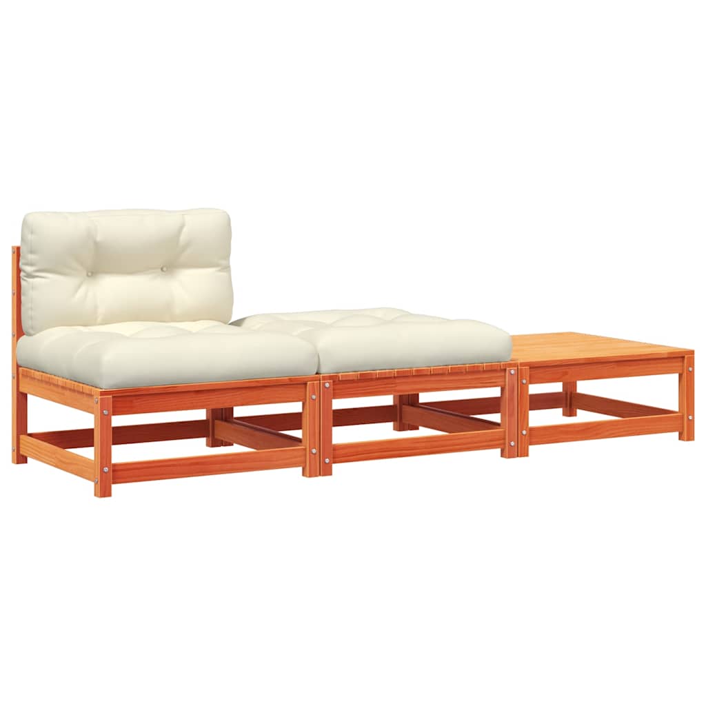 Sofa med hynder og fodskamler uden armlæn - brunt fyrretræ, 1, stol + 2x fodskammel - number 2.