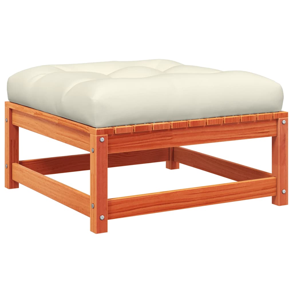 Sofa med hynder og fodskamler uden armlæn - brunt fyrretræ, 1, stol + 2x fodskammel - number 8.