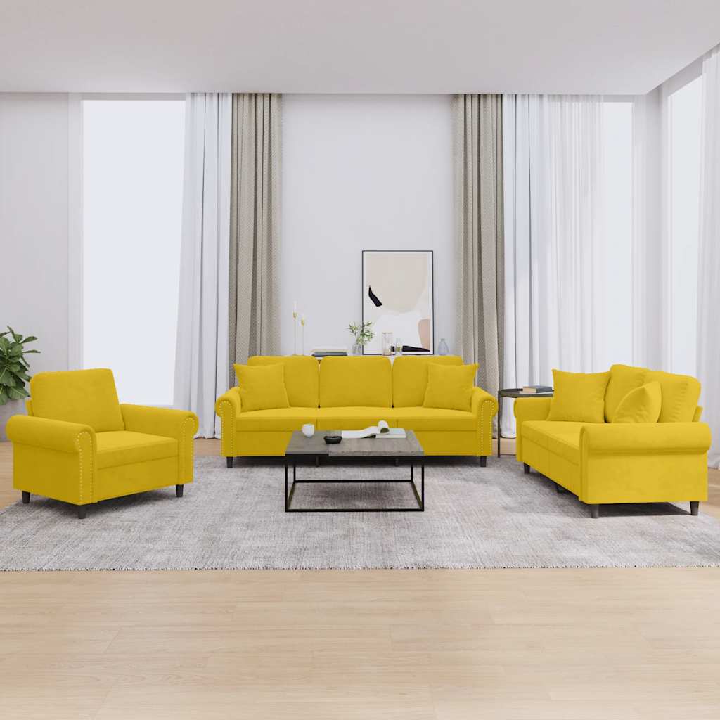 Sofa zestaw 3 części velor - żółty, z poduszkami - number 1.