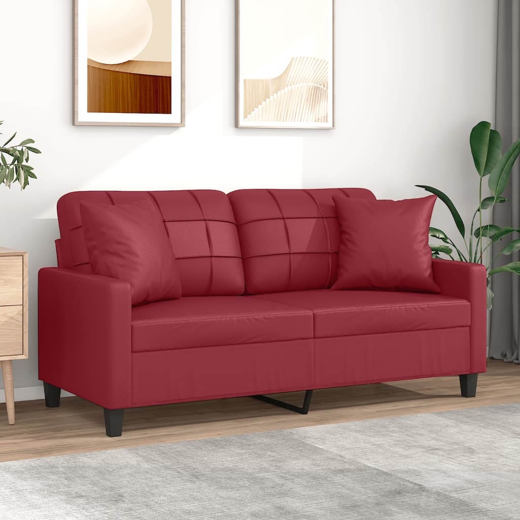 2-personers sofa med pyntepuder kunstlæder - vinrød, 140 cm - number 1.
