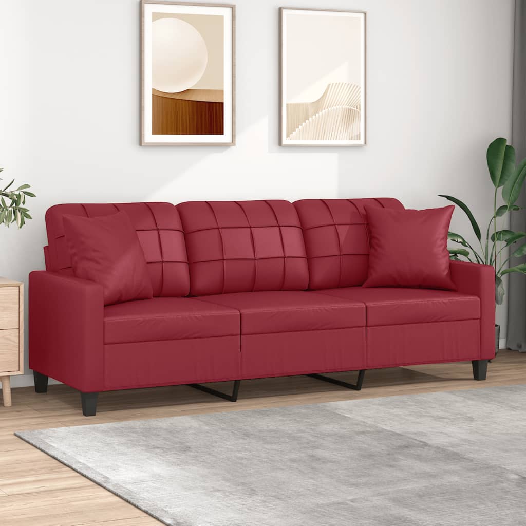 3-manns sofa med dekorative puter kunstskinn - burgunder, 180 cm - number 1.