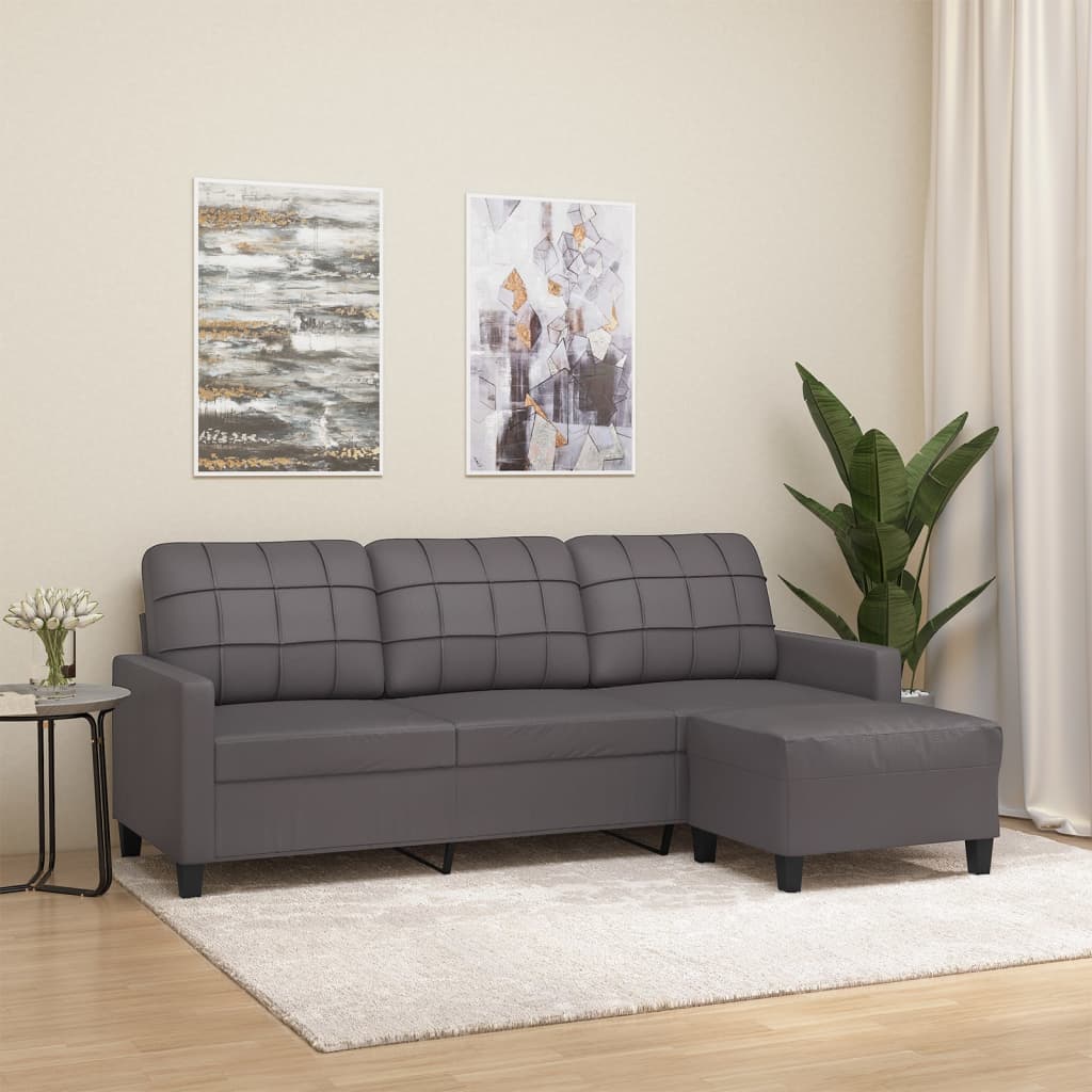 3 -person sofa med fotskammel 180 cm kunstig skinn - grå - number 1.