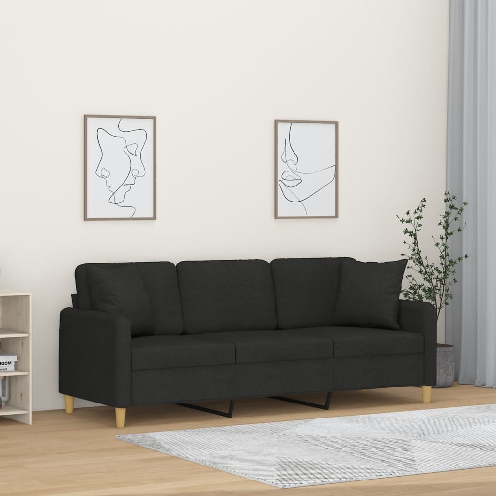 3-personers sofa med pyntepuder stof - sort, 180 cm - number 1.