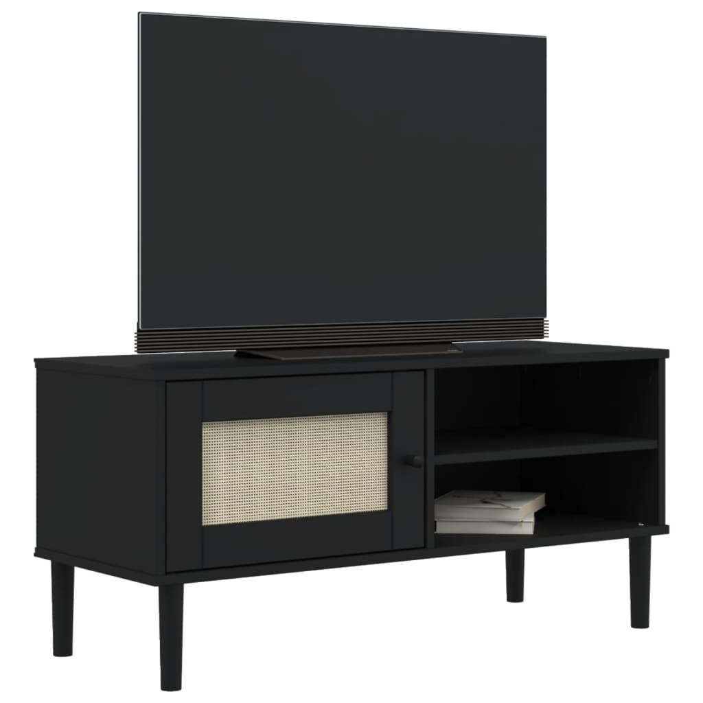 Tv table senja 106x40x49 cm rattan-look solid pine-black, 1 - number 3.