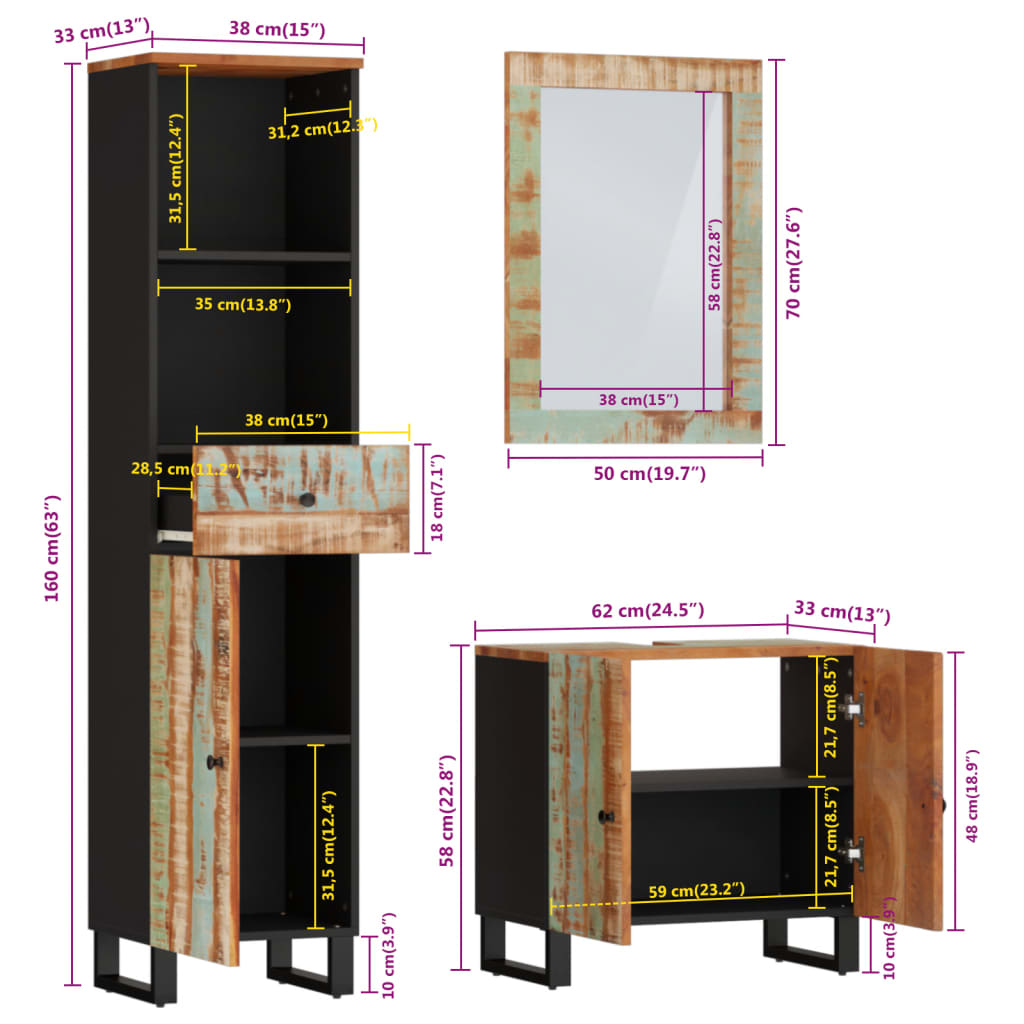Badeværelsesmøbelsæt 3 dele massivt genbrugstræ - number 12.