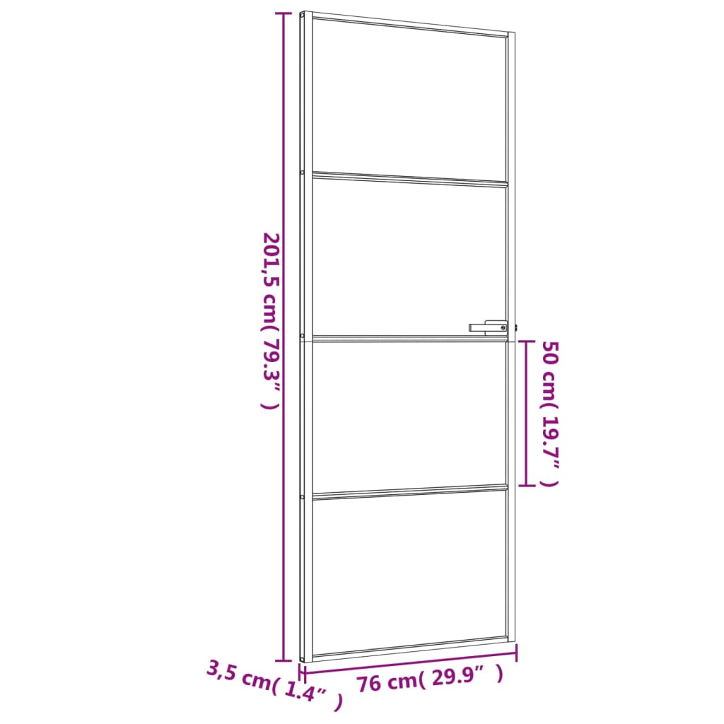 Dør 76x201,5 cm hærdet glas og aluminium sort - sort og mat, 76 x 201.5 cm, 1, 3 horisontale stænger - number 9.