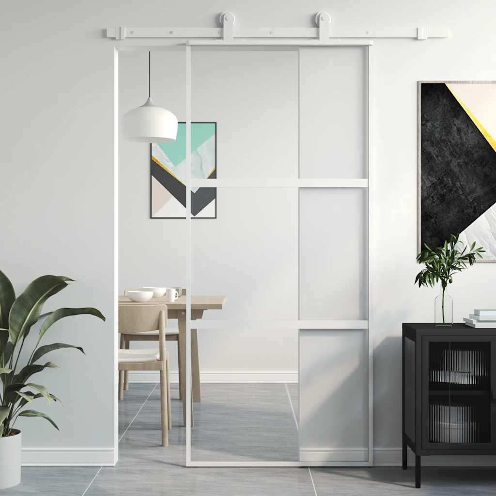 Skydedør hærdet glas og aluminium hvid - hvid og transparant¨, 90 x 205 cm, 1, 2 horisontale stænger - number 1.