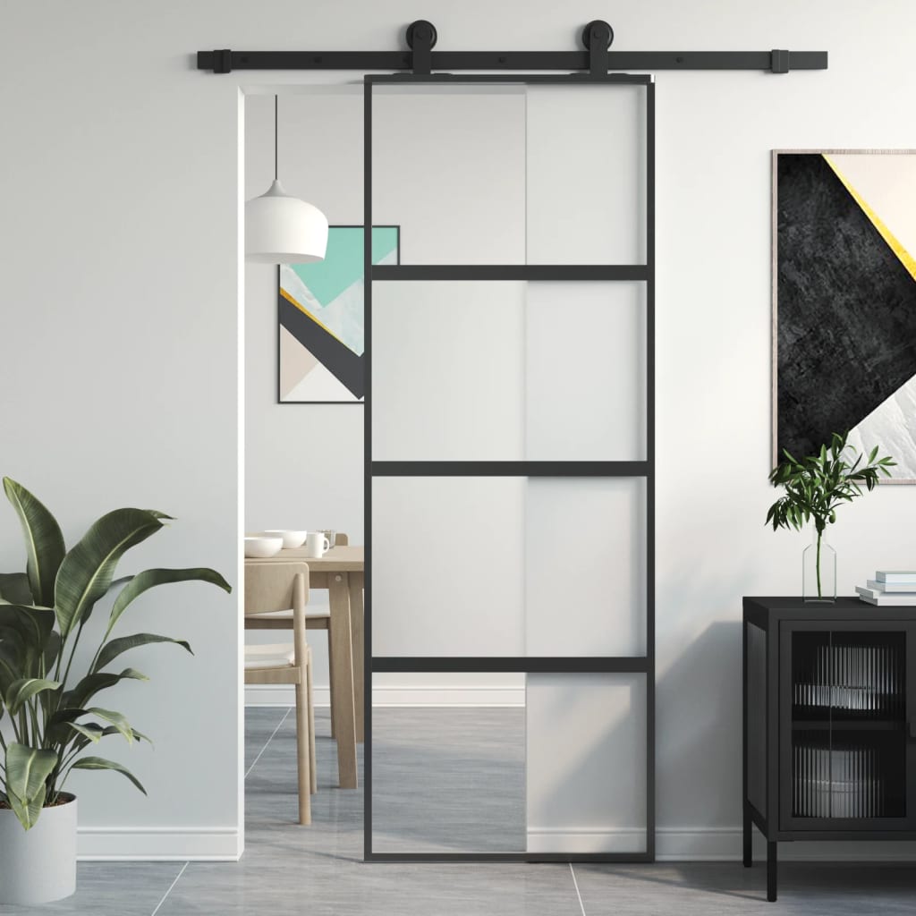 Skydedør hærdet glas og aluminium - sort, 76 x 205 cm, 1, halvt matteret glas - number 1.
