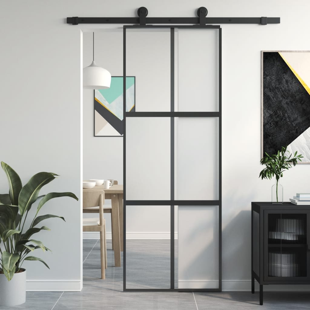 Skydedør hærdet glas og aluminium sort - sort og transparent og mat, 76 x 205 cm, 1, 3x2 gitter - number 1.