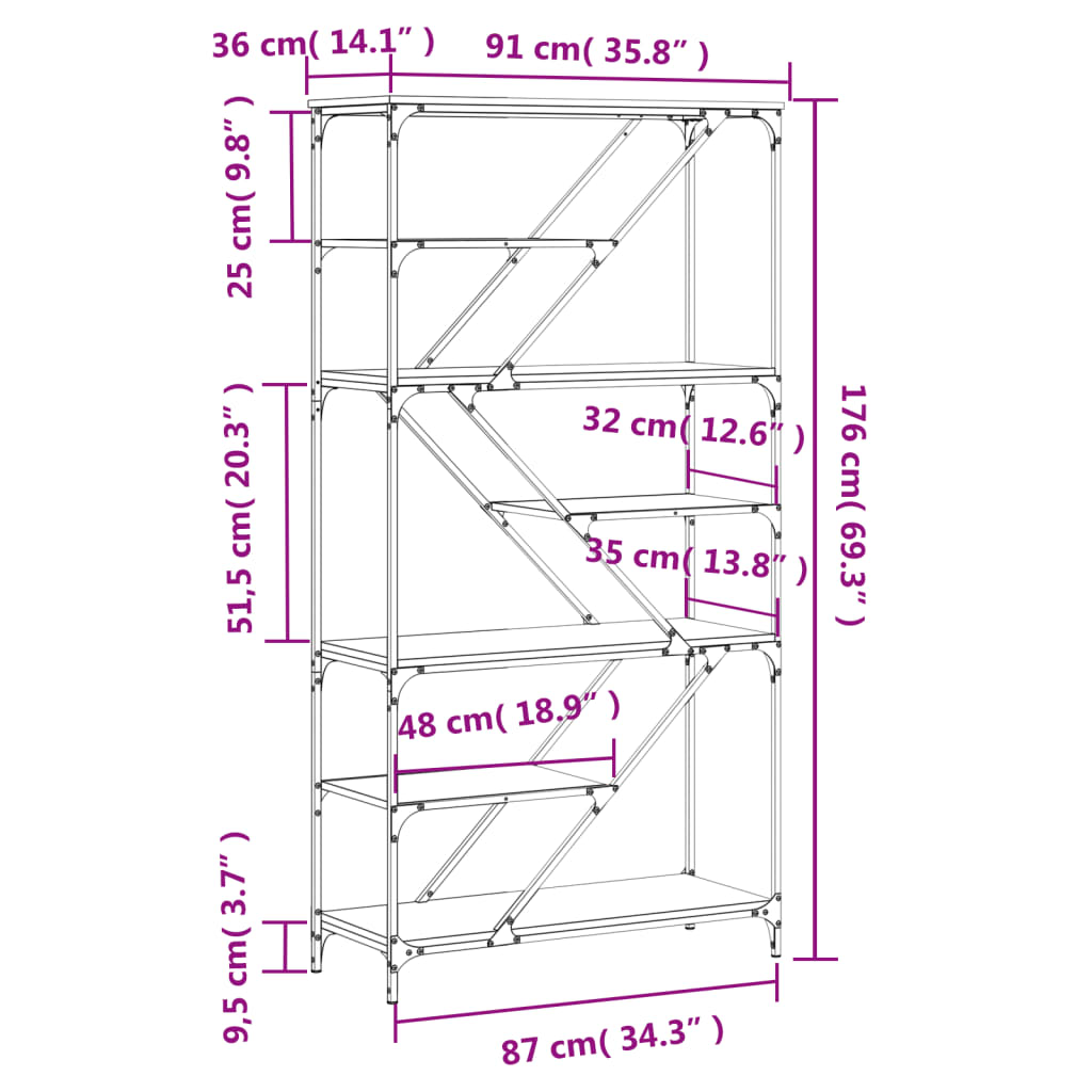 Bokhylle 91x36x176 cm konstruert tre og jern - grå sonoma eik, ooo 4, 1 - number 9.
