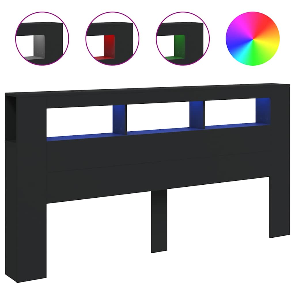 Sengegavl med led-lys 200x18,5x103,5 cm konstruert tre - svart, 200 x 103,5 cm, 1 - number 2.