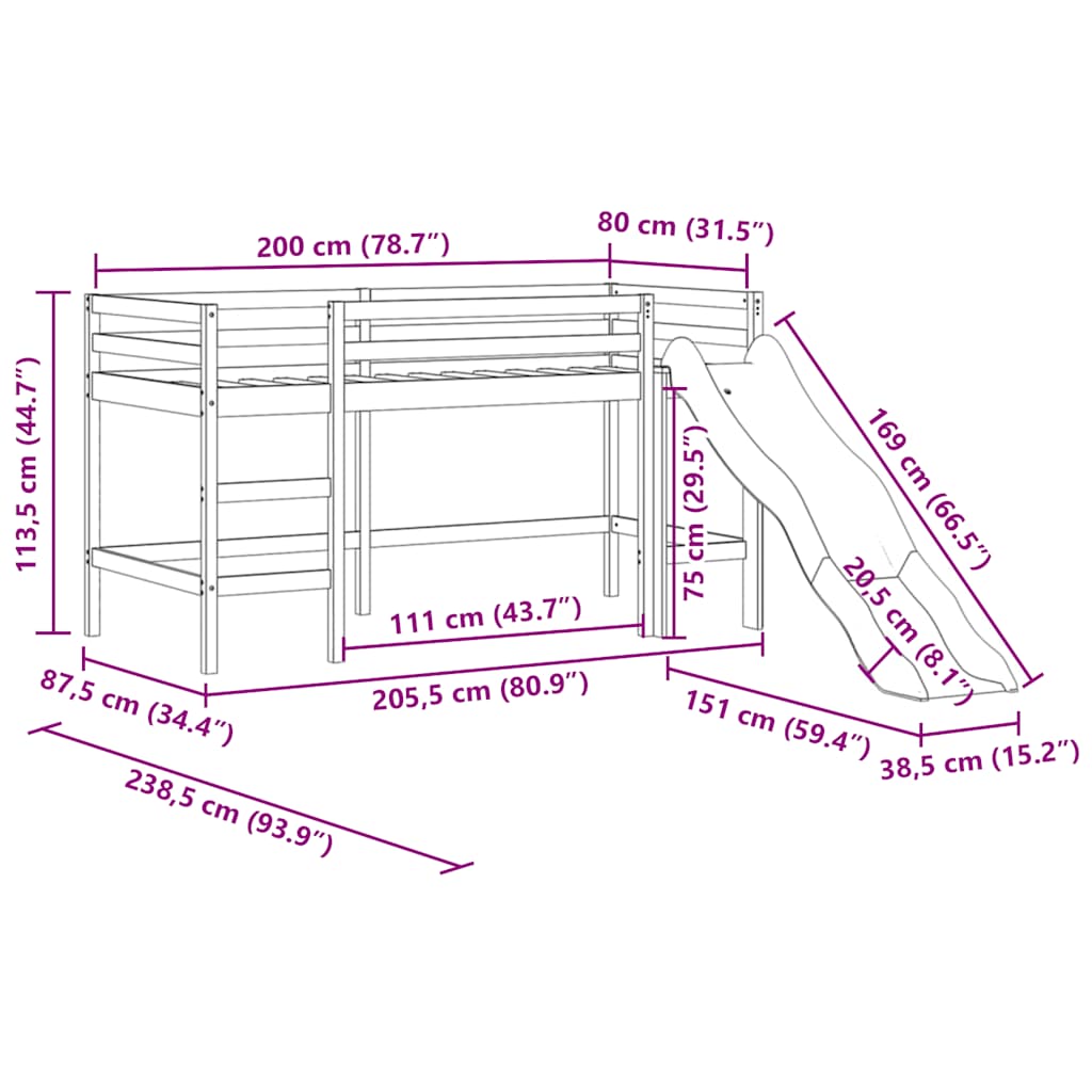 Højseng med rutsjebane massivt fyrretræ - naturfarvet, 80 x 200 cm - number 11.