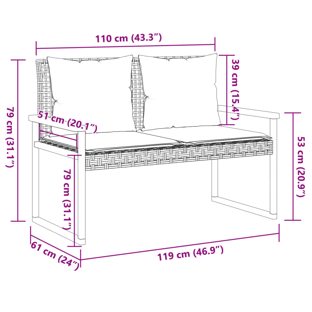 Hagebenk med pute polyrattan og akasietre - svart, 1 - number 10.