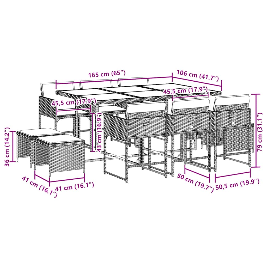 Lounge garnitura za vrt 11 dijelova s ​​jastucima poliratan - siva, staklo, 10 - number 6.