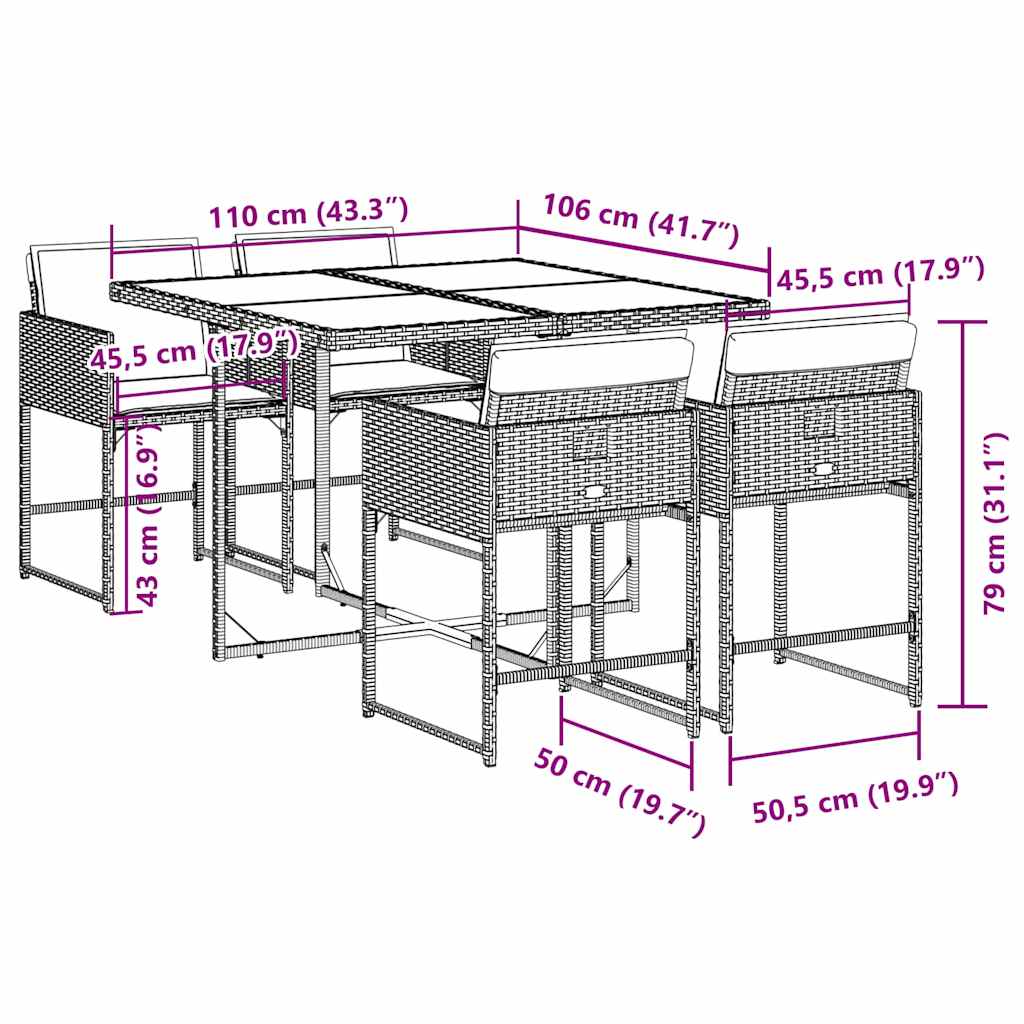 Spisebord sett for hage 5 deler med puter polyrattan - grå, glass, 4 - number 6.