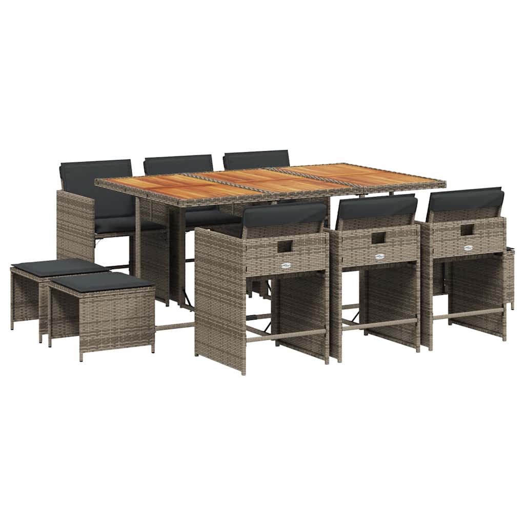 Loungesæt til haven 11 dele med hynder polyrattan - grå, træ, 10 - number 2.