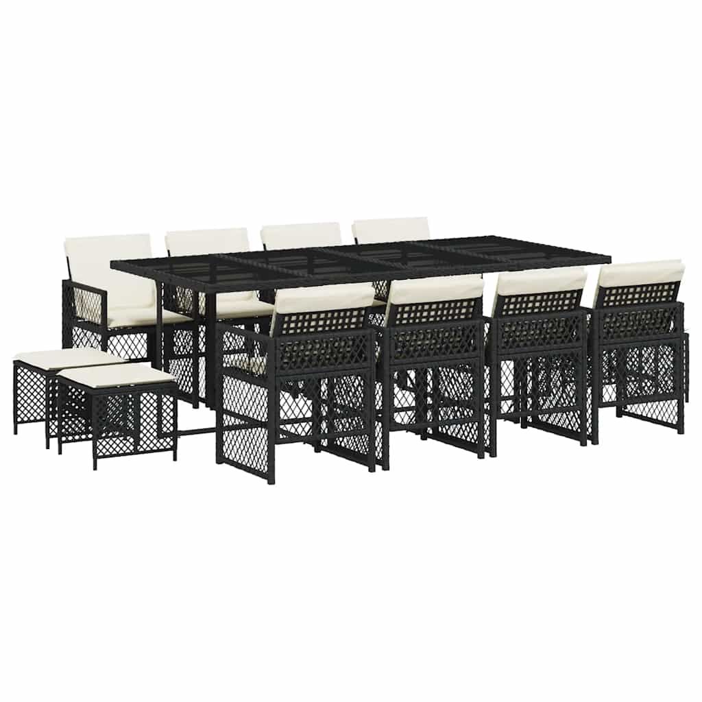 Blagovaonski stol set za vrt 13 dijelova s ​​jastucima polirattan crni - crna i krem ​​boja, staklo, 12 - number 2.