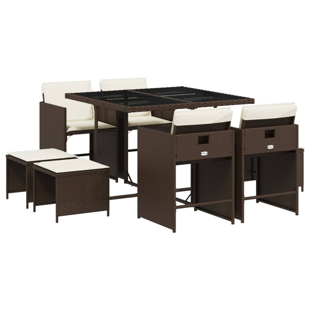 Spisebord sett for hage 9 deler med puter polyrattan brun - brunt og kremfarget, glass, 8 - number 2.