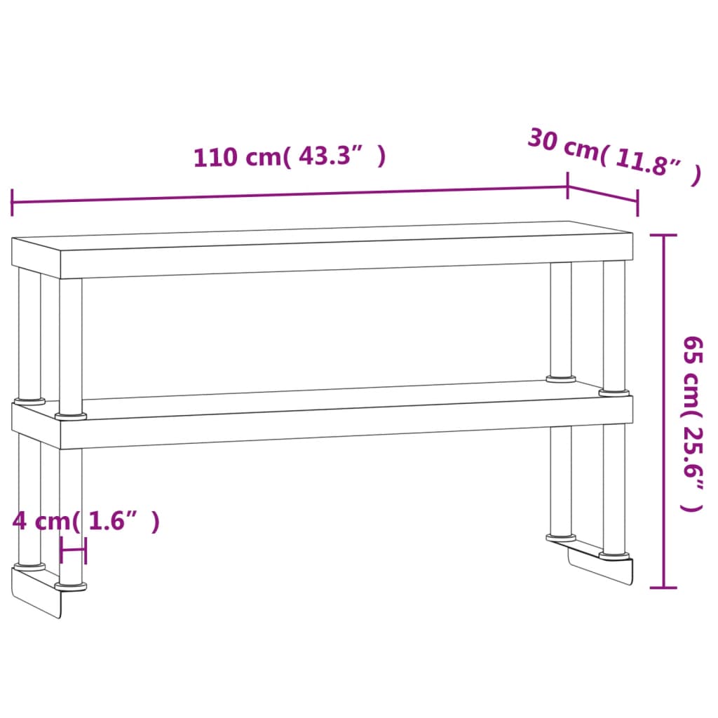 Ripiano superiore per banco da lavoro 110x30x65 cm 2 livelli acciaio inox - number 9.