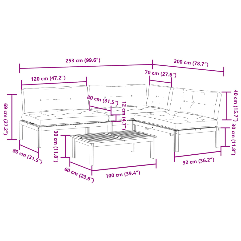 Dnevni boravak za vrt 4 dijela s jastucima čvrsta akacija stabala - zelena, 1, 2x srednji dio + kutni dijelovi + stol, tamno smeđa - number 12.
