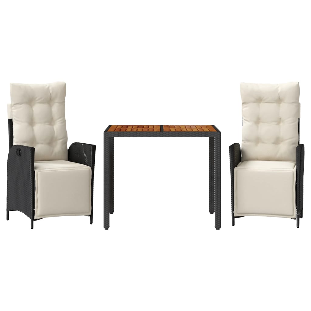 Spisebordssæt til haven 3 dele med hynder polyrattan sort - sort og cremefarvet, 90 cm bordlængde, 2 - number 2.