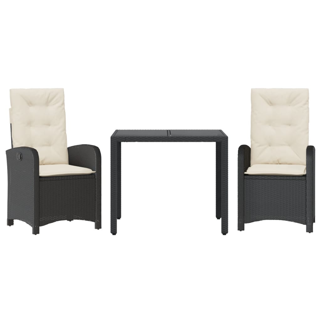 Spisebordssæt til haven 3 dele med hynder polyrattan sort - number 2.