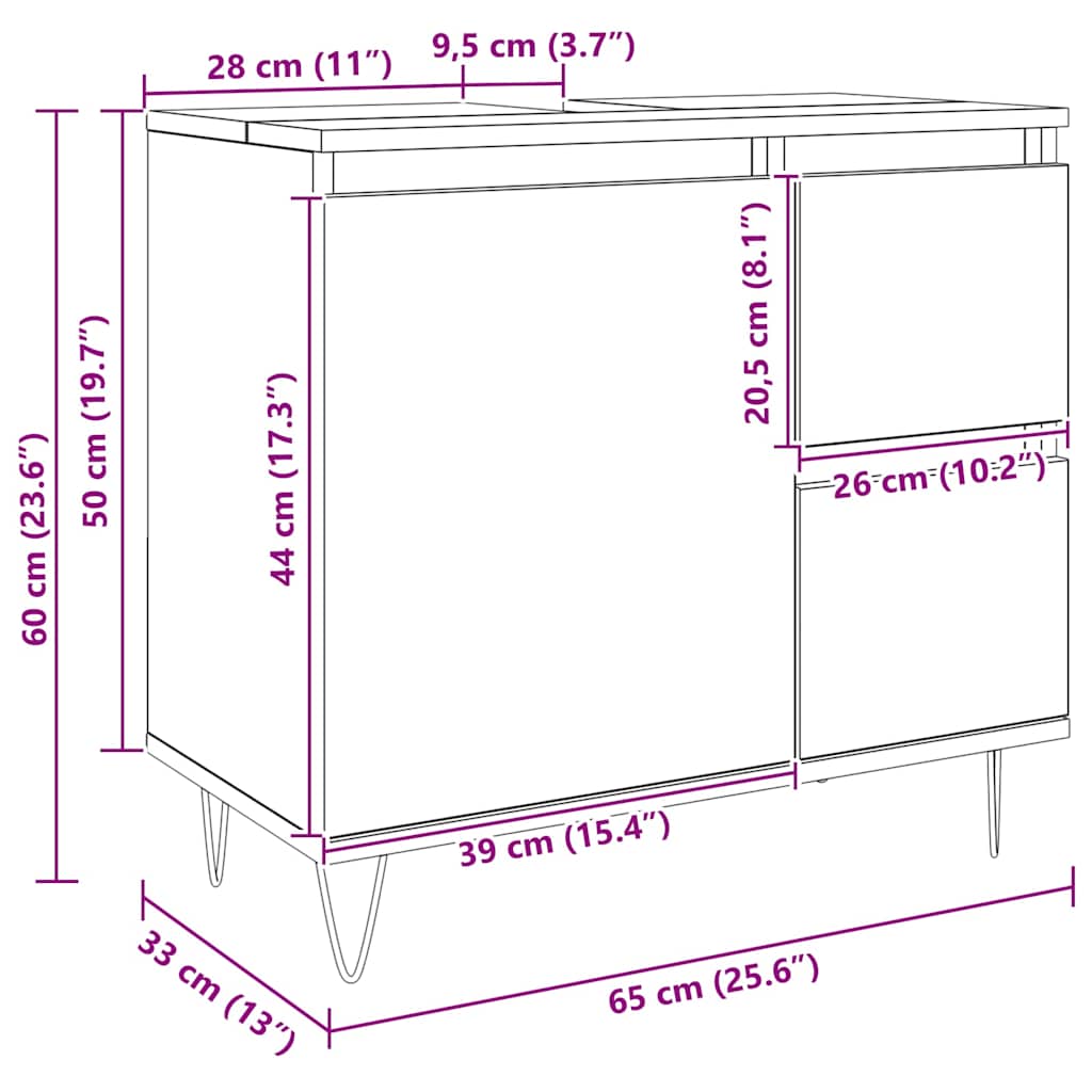 Underskab til badeværelse 65x33x60 cm konstrueret træ kunsteg - artisan eg, 1, x - number 12.