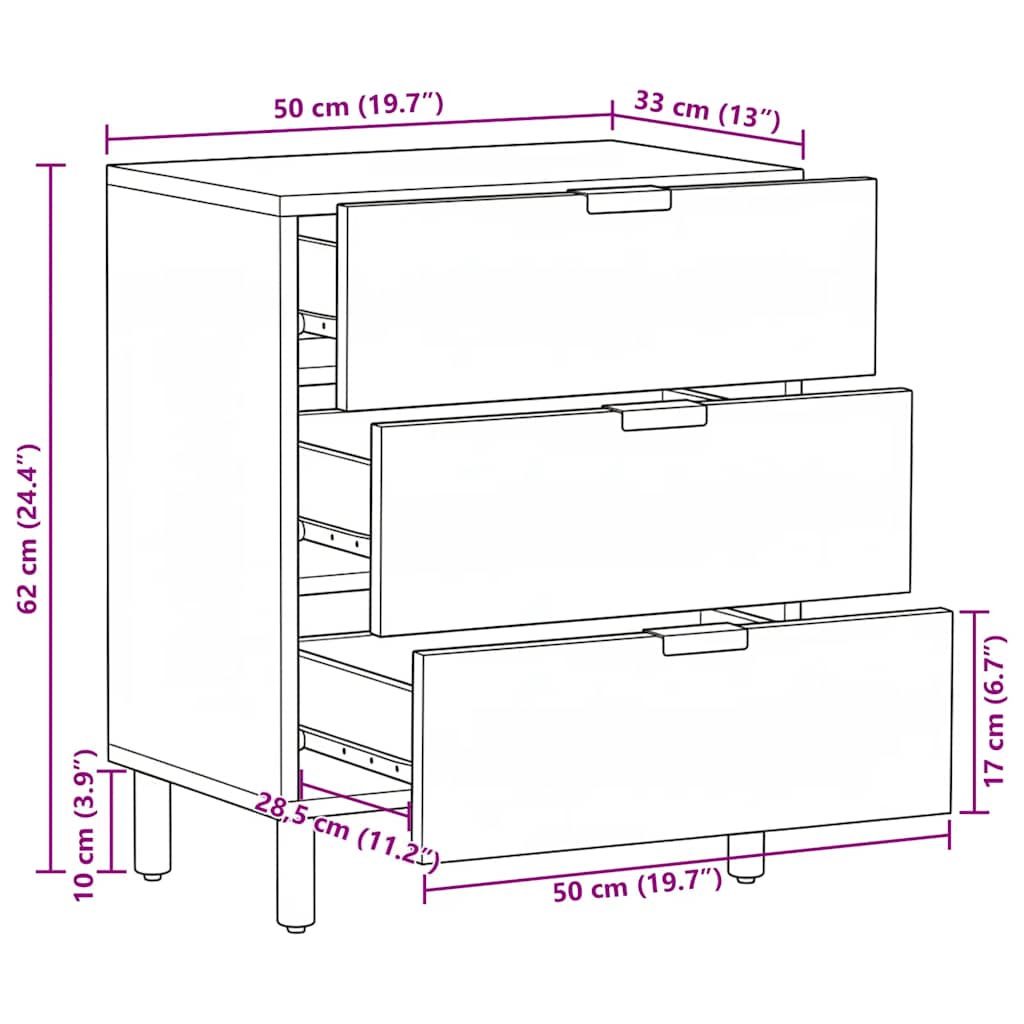 Noćni ormarić izrađeno drvo 50x33x62 cm - crno, izrađeno drvo masivno drvo mango mesing - number 11.