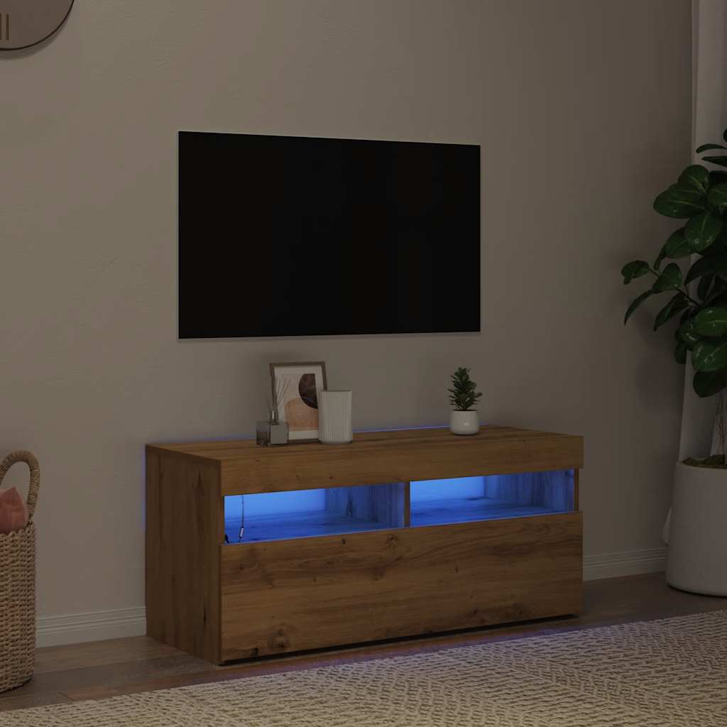 Stolik rtv z oświetleniem led 90x35x40 cm drewno klejone sztuczny dąb - dąb rzemieślniczy, 1, 90 cm - number 3.