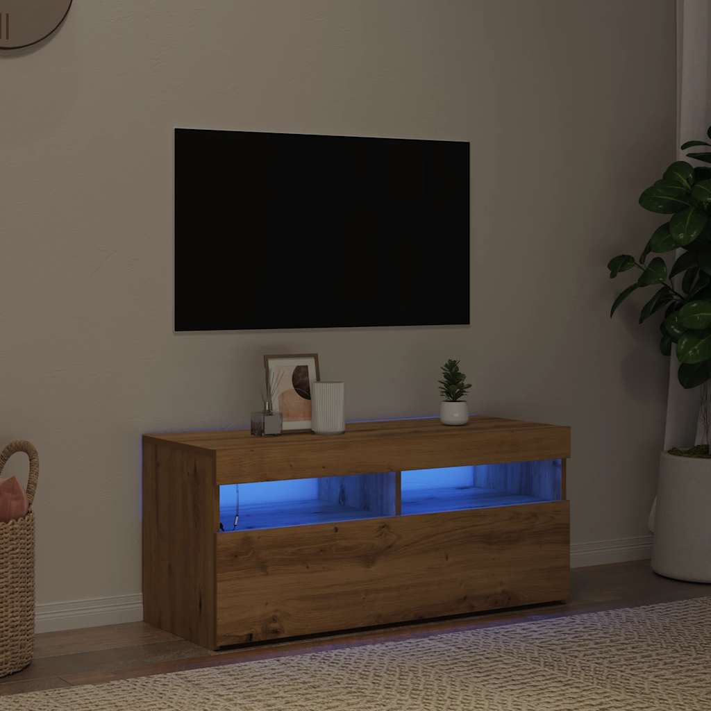 Stolik rtv z oświetleniem led 90x35x40 cm drewno klejone sztuczny dąb - dąb rzemieślniczy, 1, 90 cm - number 10.
