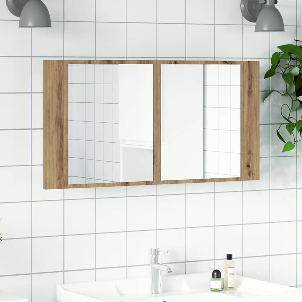 Ormarić s ogledalom i led svjetlom 90x12x45 cm izrađeno drvo umjetni hrast - umjetni hrast, 1 - number 4.