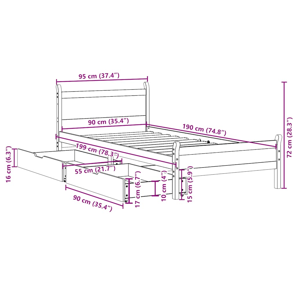 Rama łóżka bez materacy sosna stała - naturalny kolor, 90 x 190 cm - number 12.