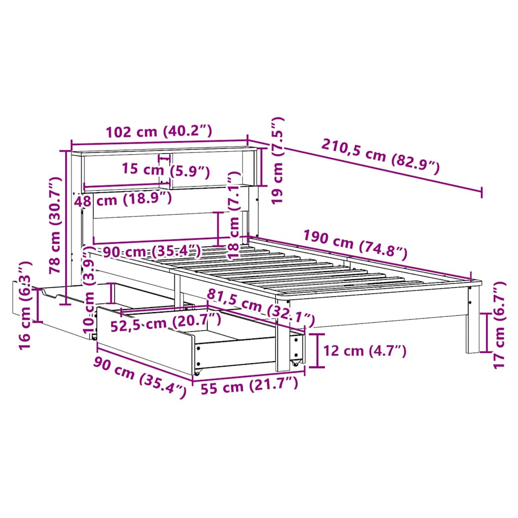 Seng med reol uden madras massivt fyrretræ - naturfarvet, 90 x 190 cm - number 12.