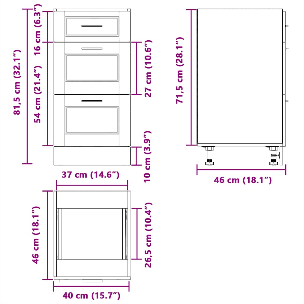 Køkkenunderskab porto konstrueret træ - sort, 1, 1x underskab (3 skuffer) 40 cm, x - number 11.
