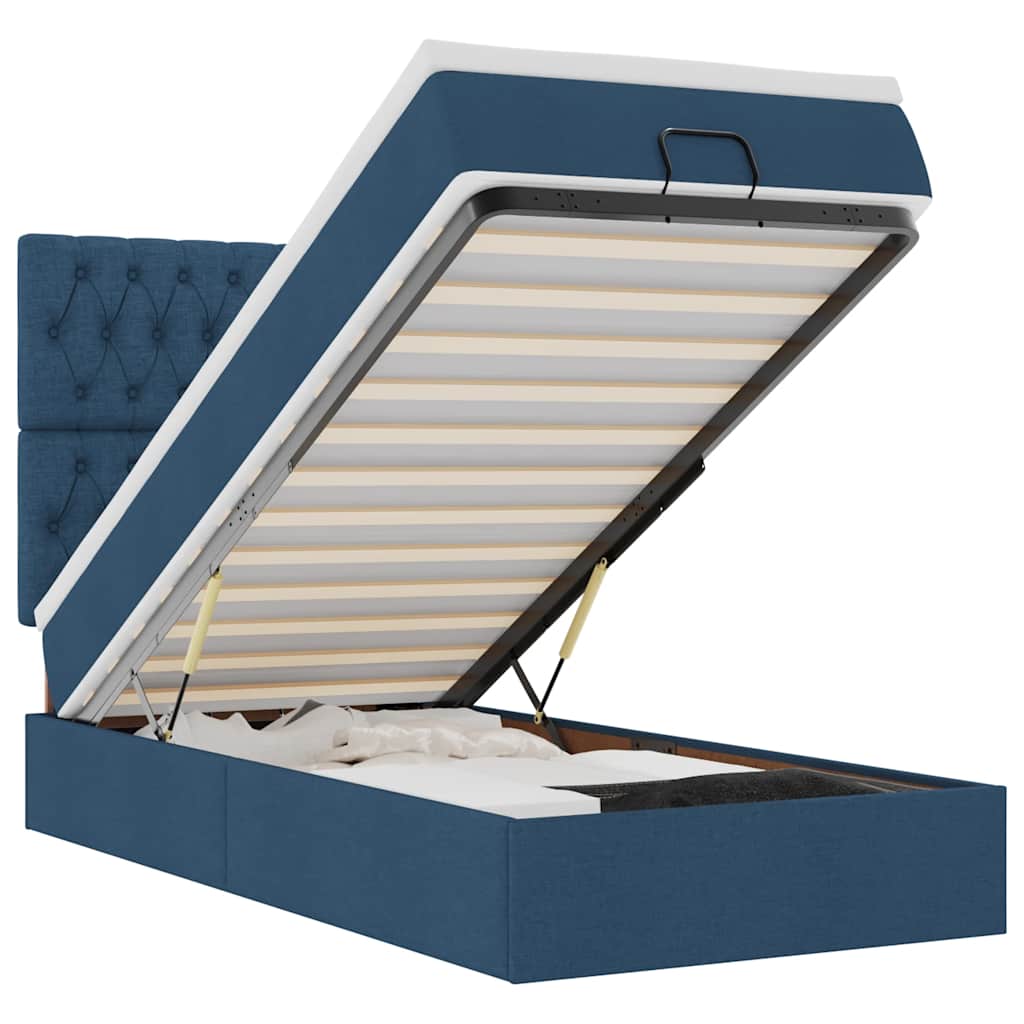 Ottoman seng med madras & leds stof - blå, 90 x 200 cm, med pynteknapper - number 2.