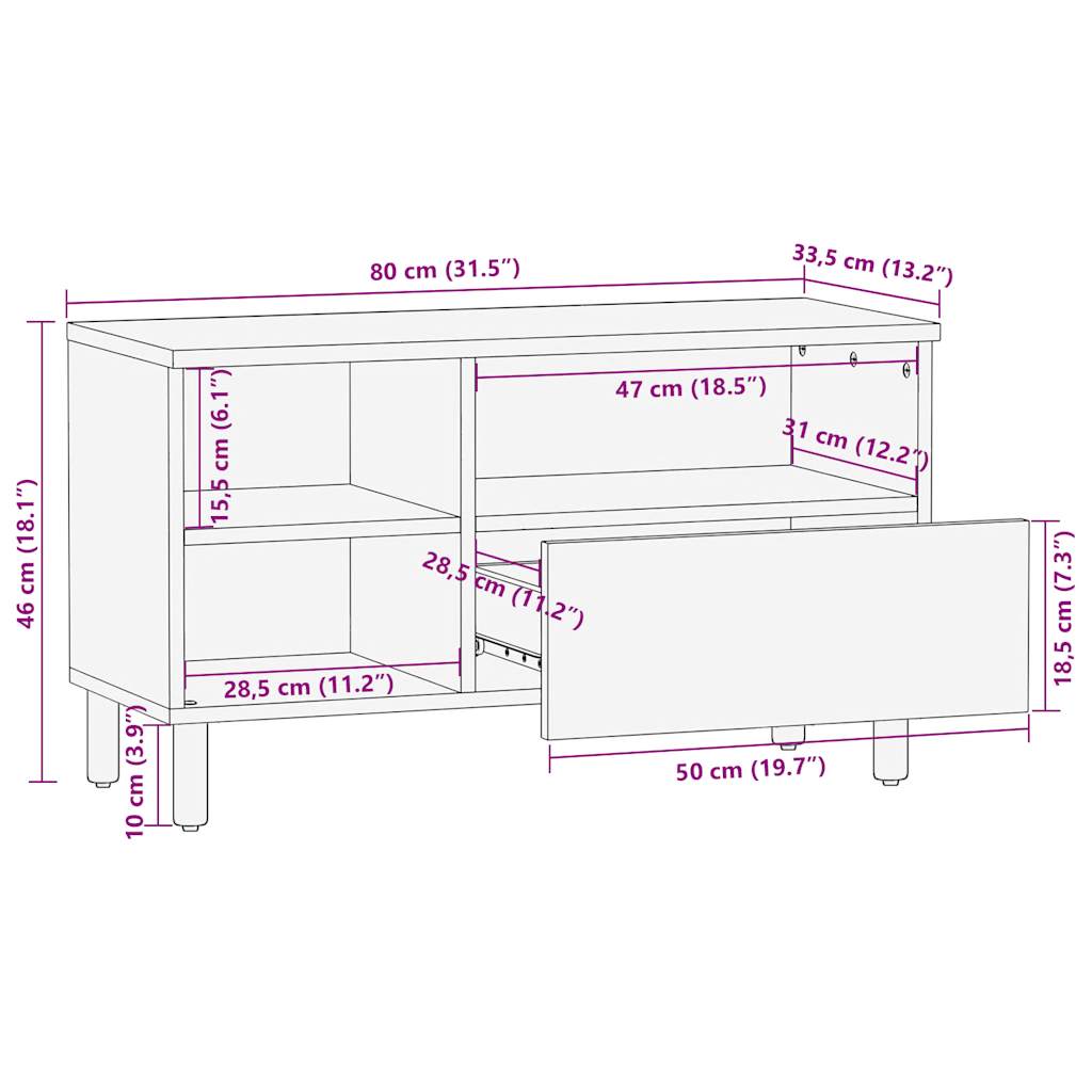 Tv-bord 80x33,5x46 cm massivt ru mangotræ sort - 80 x 33 5 x 46 cm (l x b x h) - number 12.