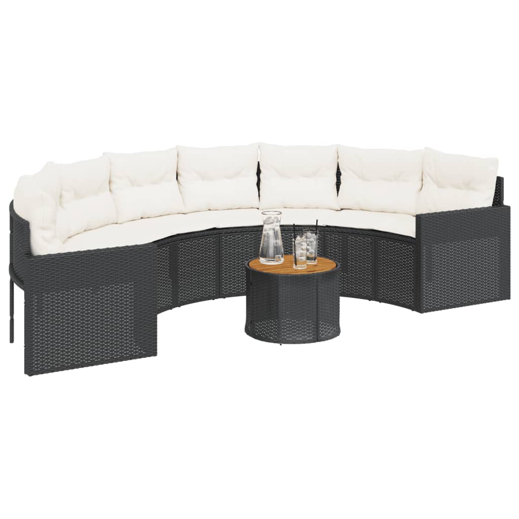 Havesofa med bord og hynder polyrattan sort - sort og cremefarvet, 1, halvrund, pe rattan and wood - number 3.