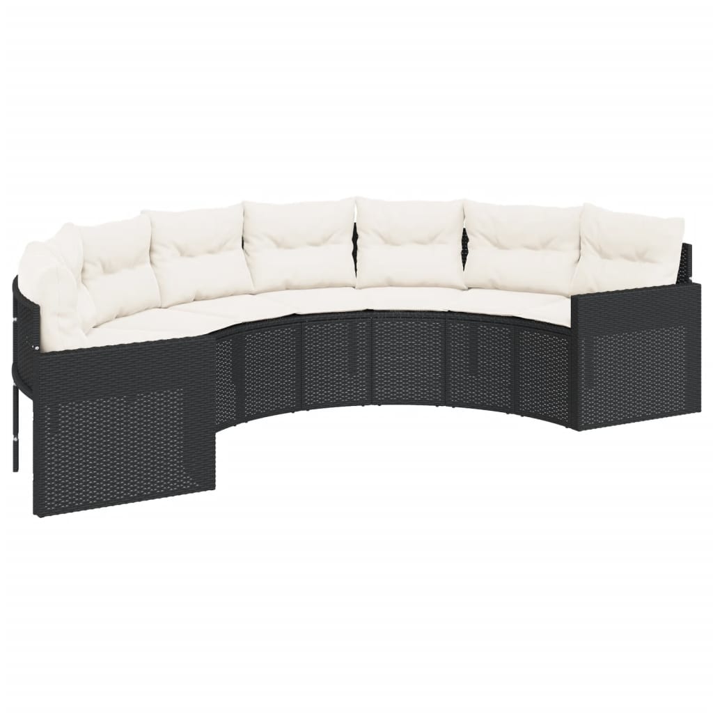 Havesofa med bord og hynder polyrattan sort - sort og cremefarvet, 1, halvrund, pe rattan and wood - number 4.