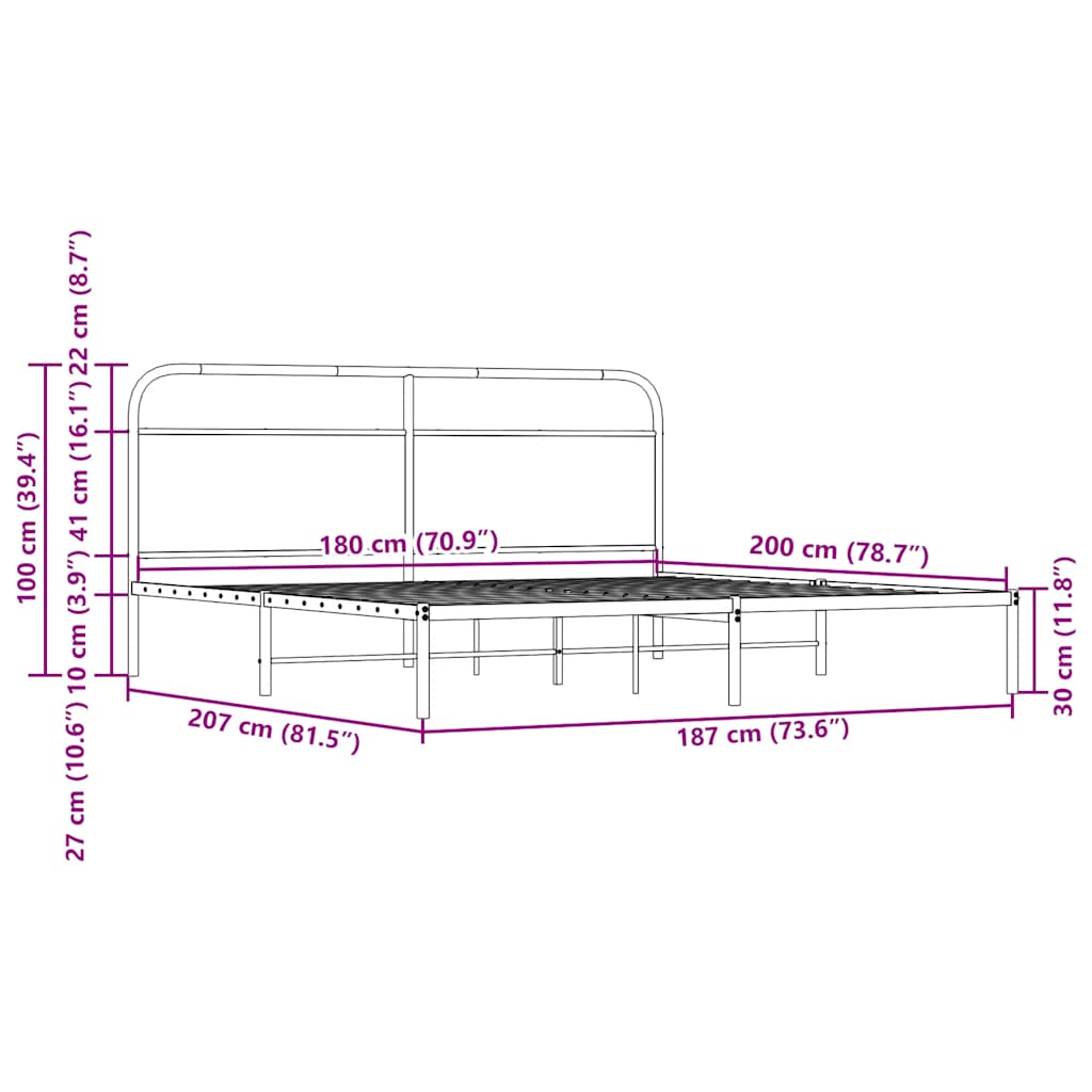 Rama łóżka bez materaca metalowa - dąb sonoma, 180 x 200 cm, z wezgłowiem - number 8.