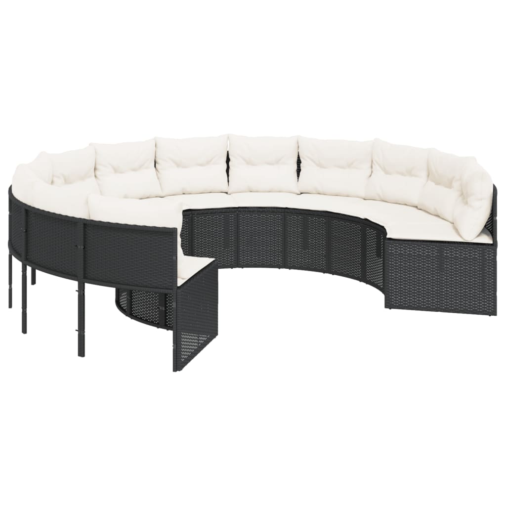 Havesofa med bord og hynder polyrattan sort - sort og cremefarvet, 1, rund, pe rattan and wood - number 5.