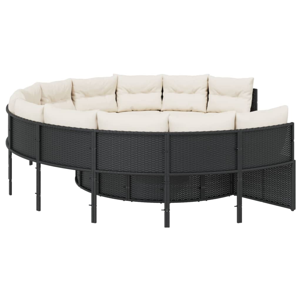 Havesofa med bord og hynder polyrattan sort - sort og cremefarvet, 1, rund, pe rattan and wood - number 6.
