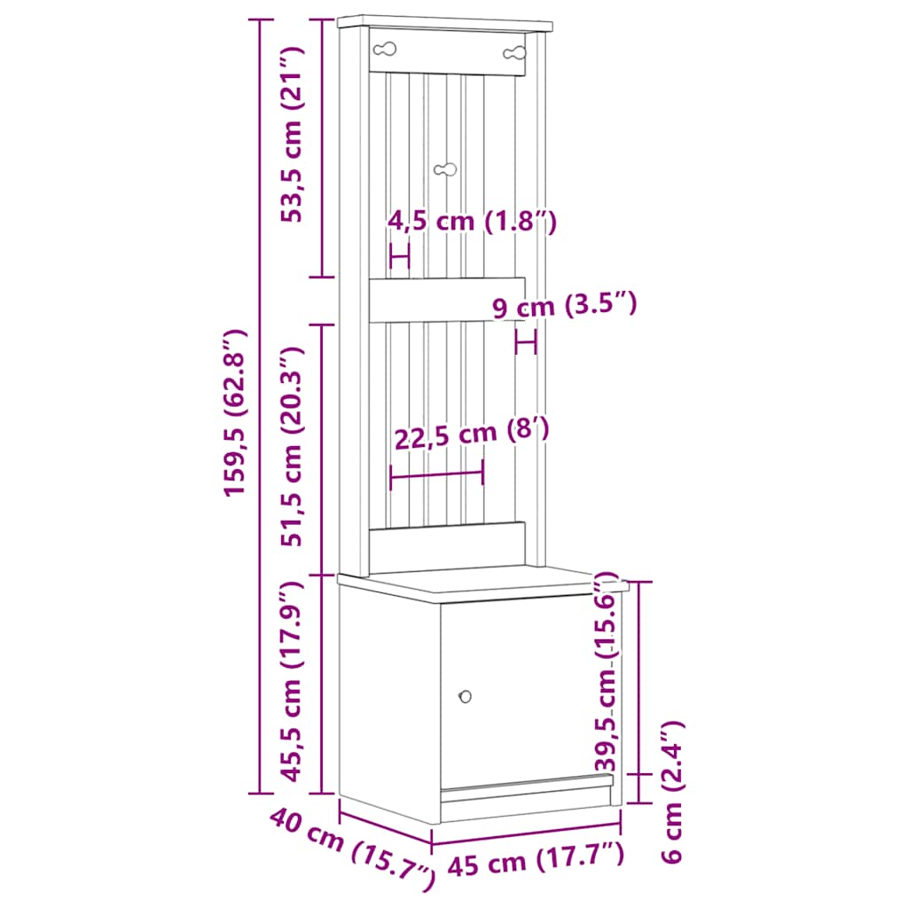 Hall træ sandens 45x40x159,5 cm massivt fyrretræ hvid - number 12.