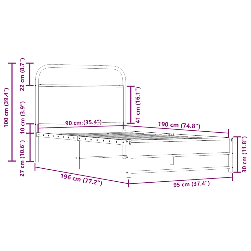 Rama łóżka bez drewna skonstruowanego w materacu - drewno wędzone, 90 x 190 cm, z zagłówkiem i podwójnym ogrodzeniem o niskiej stopie - number 9.