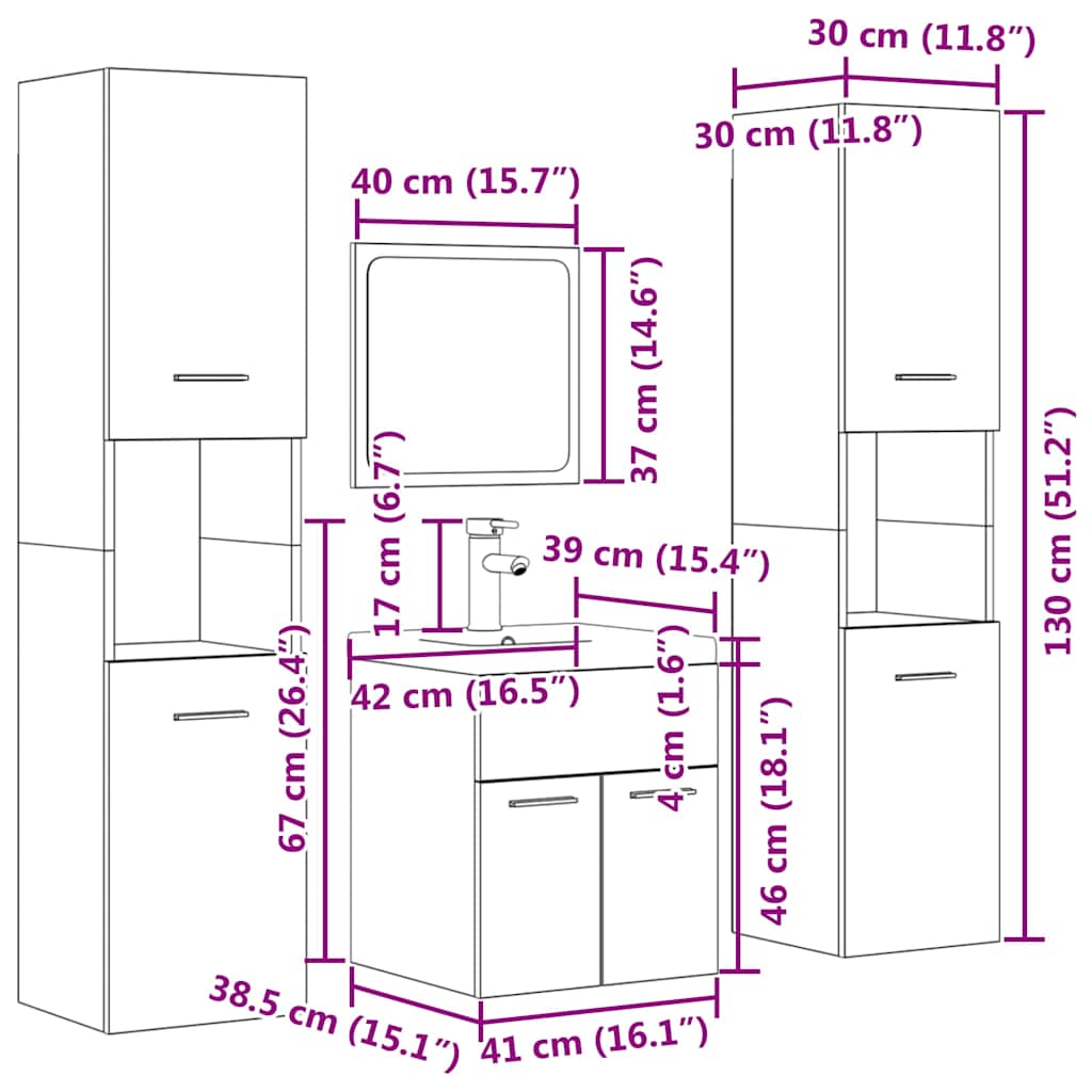 Møbelsæt til badeværelse 5 dele konstrueret træ - betongrå, 30 x 30 x 130 cm, 1 - number 12.